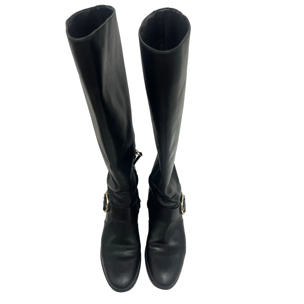 Tory Burch Sophia Black Leather Tall Riding Side Zip Boots 7M Gold Accents Logo
